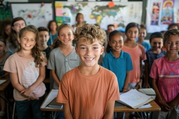 A diverse group of joyful children standing close together in a brightly decorated classroom, indicating a happy and inclusive educational environment.