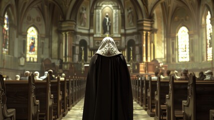 Naklejka premium Woman in Black Robe Walking Down Church Aisle
