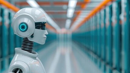 A futuristic robot operating in a data center, highlighting advanced AI technology and automation in a high-tech environment.
