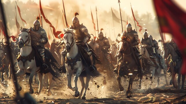 Medieval knights on horseback charge into battle with banners waving, creating a dramatic and dynamic historical scene.