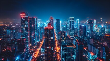 Mesmerizing Nighttime Skyline of a Dynamic Metropolis with Towering Skyscrapers and Vibrant Cityscape Illumination