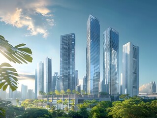 Obraz premium Towering Cityscape of a Thriving Financial District with Modern Skyscrapers and Corporate Offices