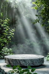 Stone podium in the magical tropical forest , empty round stand background
