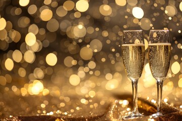 Celebration Toast with Champagne Glasses and Sparkling Bokeh Background