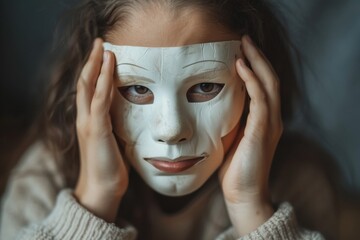 Fototapeta premium A person in a gray sweater holds their face in their hands while wearing a white mask, evoking a sense of mystery and contemplation amidst a solemn background.