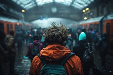 Fototapeta premium A curly-haired traveler wearing an orange jacket and backpack stands in a crowded train station, representing the hustle and bustle of modern travel and human movement.