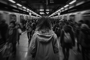 A person in a coat walks through a busy black-and-white subway station, encapsulating the rush and anonymity of urban life, and the ephemeral connections we make.