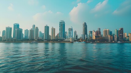 Obraz premium Majestic Coastal City Skyline with Towering Skyscrapers and Serene Waterfront