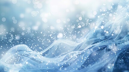 Fluid wave of particles in icy blue and white with sparkling light points background