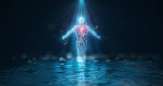 Abstract Animated Illustration of a Healthy Human Body Hovering over Water with Glowing Blood Vessels and Pulsing Heart made of Neon Particles. Looped 4K Motion Graphic Background.