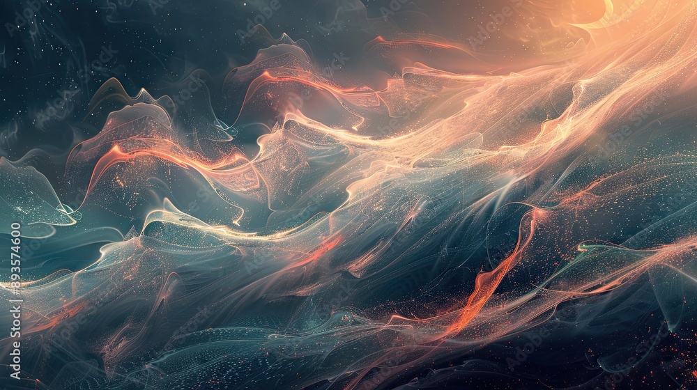Wall mural stunning scene with teal and coral particle wave light reflections and misty layer