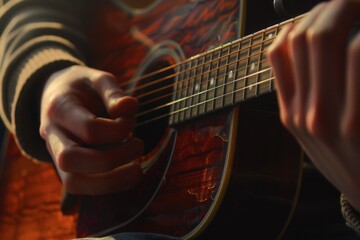 Fototapeta premium A close-up of a musician's hands playing an acoustic guitar, with focus on the strings and fingers.