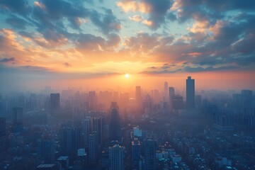 Fototapeta premium Serene Urban Skyline at Dawn with Towering Skyscrapers and Soft Glowing Light