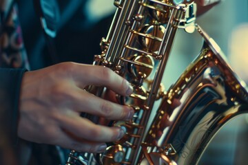 Obraz premium A close-up of a saxophonist's hands and saxophone keys, highlighting the brass texture.