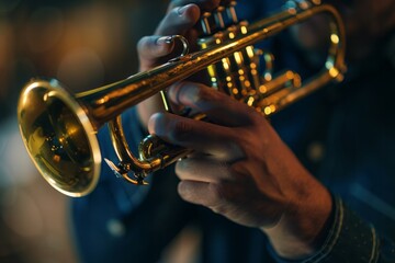 Obraz premium A close-up of a trumpet player's hands and trumpet, with a blurred background.