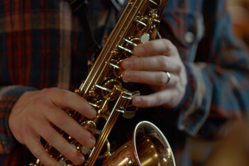 Obraz premium A close-up of a saxophonist's hands and saxophone keys, highlighting the brass texture