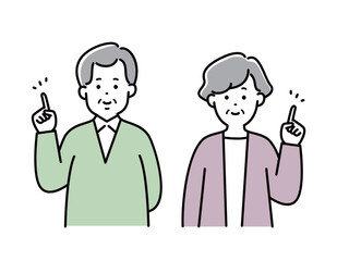 夫婦イラスト　表情　家族 　日本人　指差し　シニア 　夫婦　おしゃれ　シンプル　かわいい	