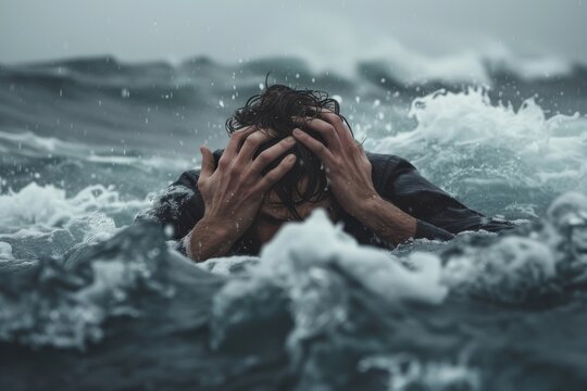 The image depicts a distressed man in a rough sea, clutching his head with both hands. The powerful waves and harsh conditions highlight a sense of intense struggle and anxiety.