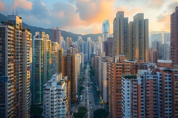 Vibrant Urban Skyline of Towering Skyscrapers and Bustling City Streets at Sunset