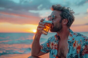 A man savoring a beer on a beach at sunset, soft pastel colors, vintage style, capturing a relaxing moment by the sea