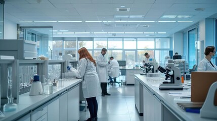 A modern scientific laboratory with sleek equipment, scientists in lab coats working with test tubes and microscopes, bright and clean environment