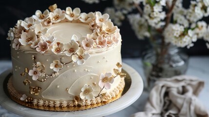 Fototapeta premium An elegant birthday cake with smooth fondant icing, decorated with delicate sugar flowers and gold accents, set on a fancy cake stand