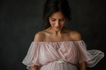 Fototapeta premium A pregnant woman gracefully cradles her belly in a pink tulle gown adorned with a delicate belt, exuding the elegance and joyous anticipation of new life.
