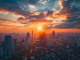 Fototapeta premium Dramatic Cityscape with Stunning Sunset Skyline and Towering Skyscrapers