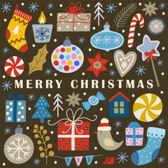 Merry Christmas greeting card with hand drawn flat elements. Doodles and sketches vector Christmas illustrations. Happy new year.