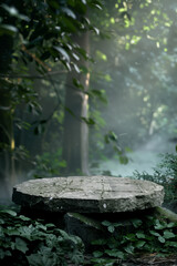 Fototapeta premium Stone podium in the magical tropical forest , empty round stand background
