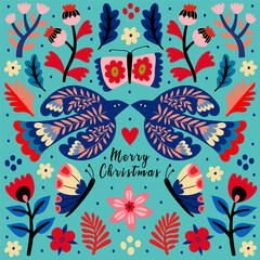 Merry Christmas greeting card with hand drawn flat elements. Doodles and sketches vector Christmas illustrations. Happy new year.