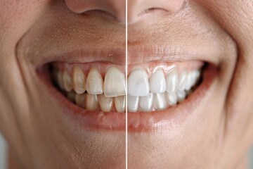 Obraz premium A close-up image showing a side-by-side comparison of teeth before and after whitening, with one side revealing yellowed teeth and the other side pristinely white teeth.