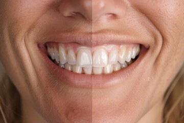 Obraz premium Close-up image showing a comparison between natural and professionally whitened teeth, illustrating the effectiveness of dental treatments for a brighter smile.