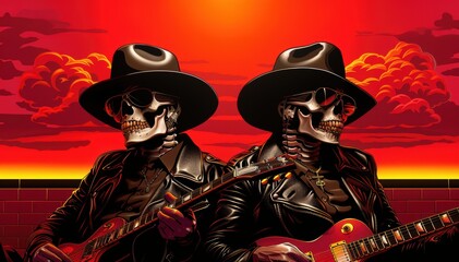 Two skeleton musicians in hats playing guitars against a vibrant sunset background, embodying a rock and roll spirit.