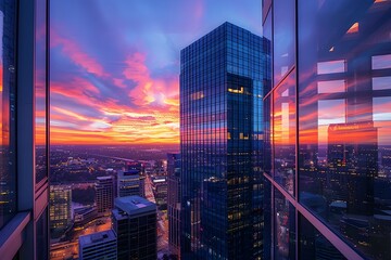 Colorful Cityscape at Twilight with Illuminated Skyscrapers and Vibrant Sky