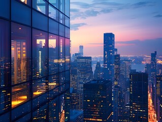 Illuminated Cityscape at Dusk with Towering High Rise Buildings and Bustling Downtown Area
