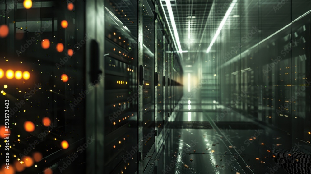 Aufkleber server room data center with bright lights 3d rendering toned image