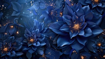 Mystical background with deep blue flowers star-like effects and swirling textures