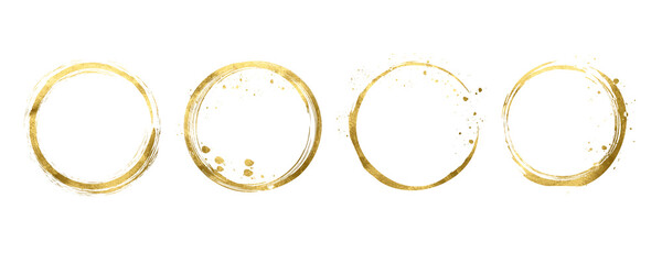 A set of round frames made of gold foil, which are framed by a golden glitter gold outline on a transparent background.A festive set with gold sequins and confetti with glowing gold particles.