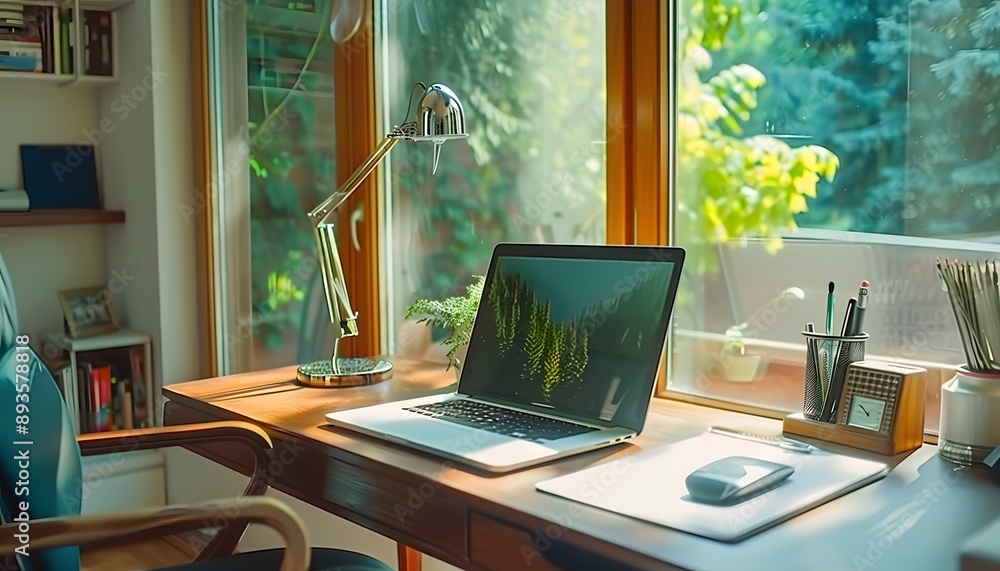 Poster a laptop on a desk by a window with a view of green trees