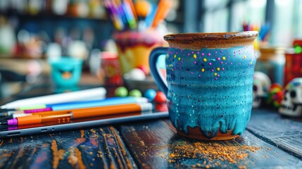 Creative Mug of Coffee with Art Supplies