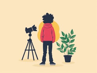 Person in red hoodie standing beside camera on tripod and plant in minimalistic illustration symbolizing creativity and content creation