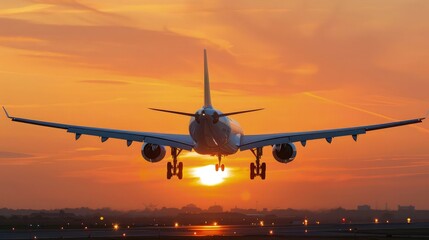 Flying commercial airplane at sunset, taking off into the orange sky.