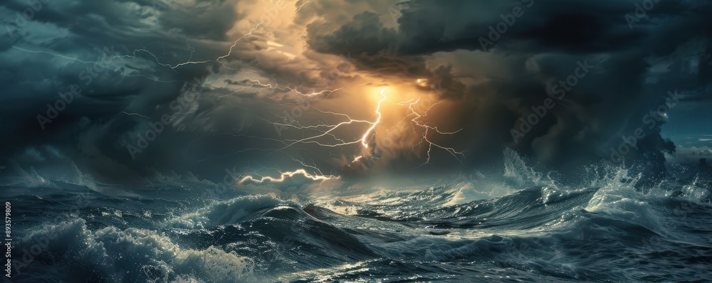 Canvas Prints a stormy ocean with a lightning bolt in the sky. free copy space for banner.
