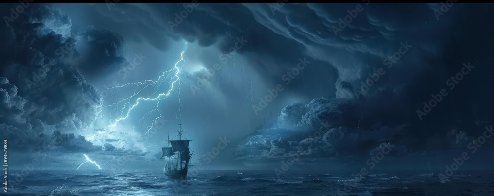Canvas Prints a stormy ocean with a lightning bolt in the sky. free copy space for banner.