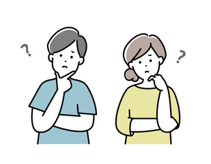 夫婦イラスト　表情　家族 　日本人　悩む　考える　若い　夫婦　カップル　おしゃれ　シンプル　かわいい	
