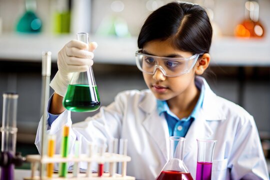 Indian student with a chemistry set in lab
