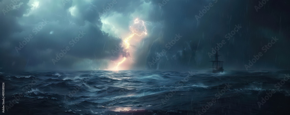 Canvas Prints a stormy ocean with a lightning bolt in the sky. free copy space for banner.