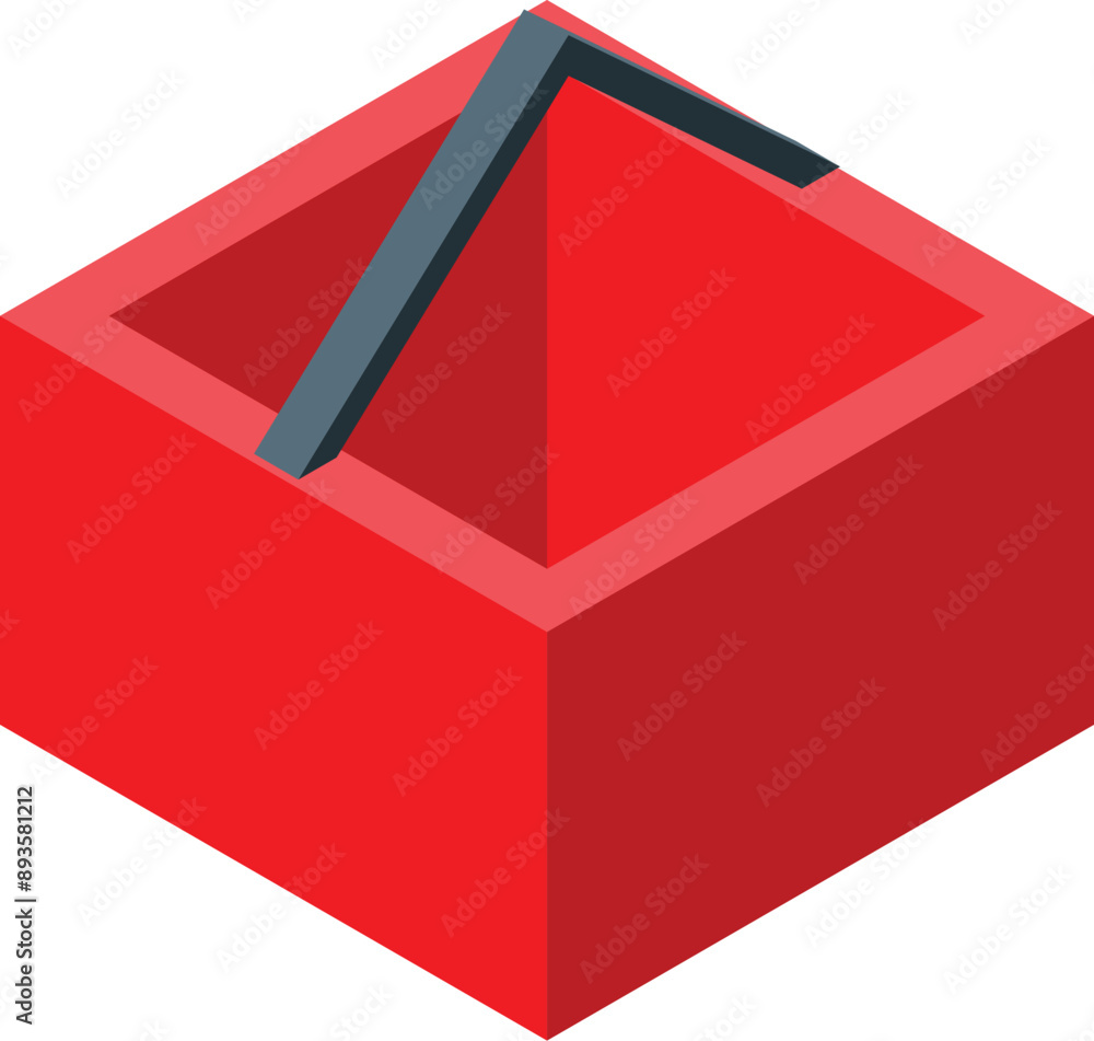 Poster red open box with handle sticking out isolated on white background, isometric view