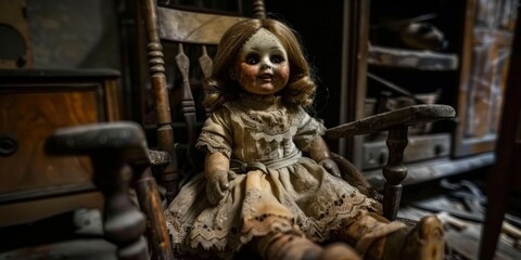 Creepy Vintage Doll Sitting in Rocking Chair